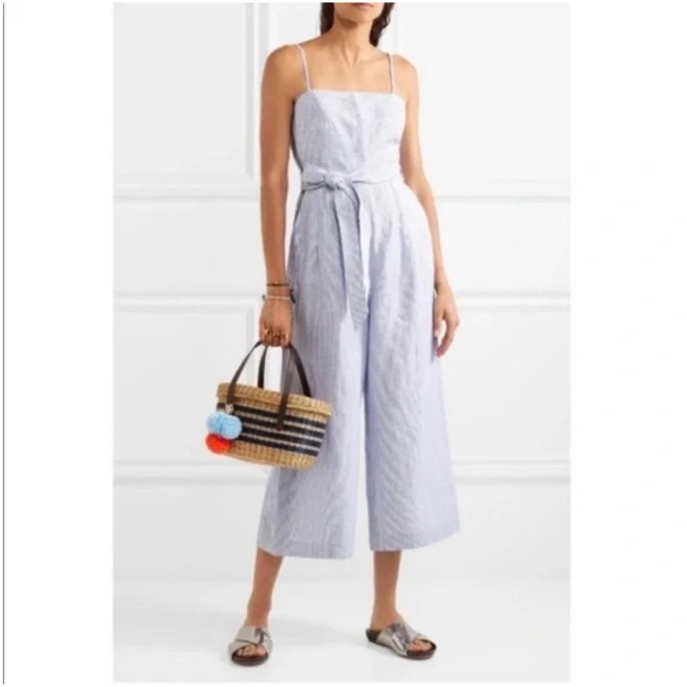 J.Crew Marseilles belted pinstripe linen jumpsuit, square neck, spaghetti straps